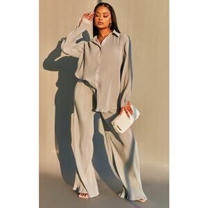 Light Grey Plisse High Waisted Wide Leg Trousers NWT Size US10